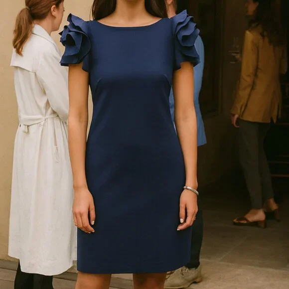 Pietro Brunelli "Salisburgo" Ruffled Sleeve Dress in Navy Blue Size S Maternity - Picture 2 of 9